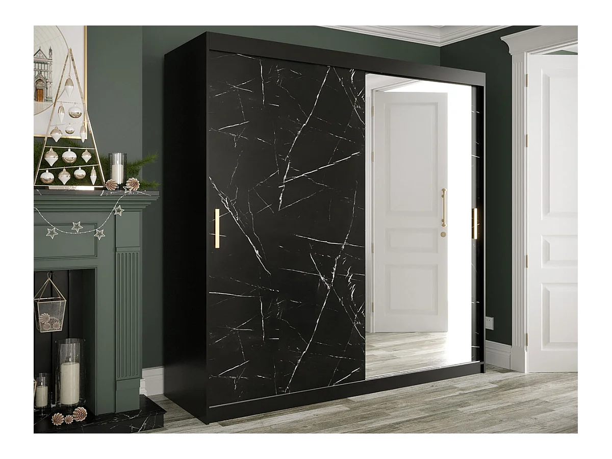 Armoire Hartford 262, Marbre noir|Noir mat, 200x200x62cm, Portes d'armoire: Coulissantes