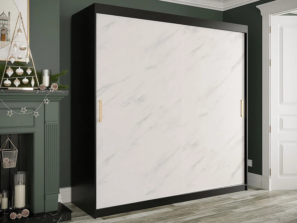 Armoire Hartford 250, Marbre blanc|Noir mat, 200x200x62cm, Portes d'armoire: Coulissantes