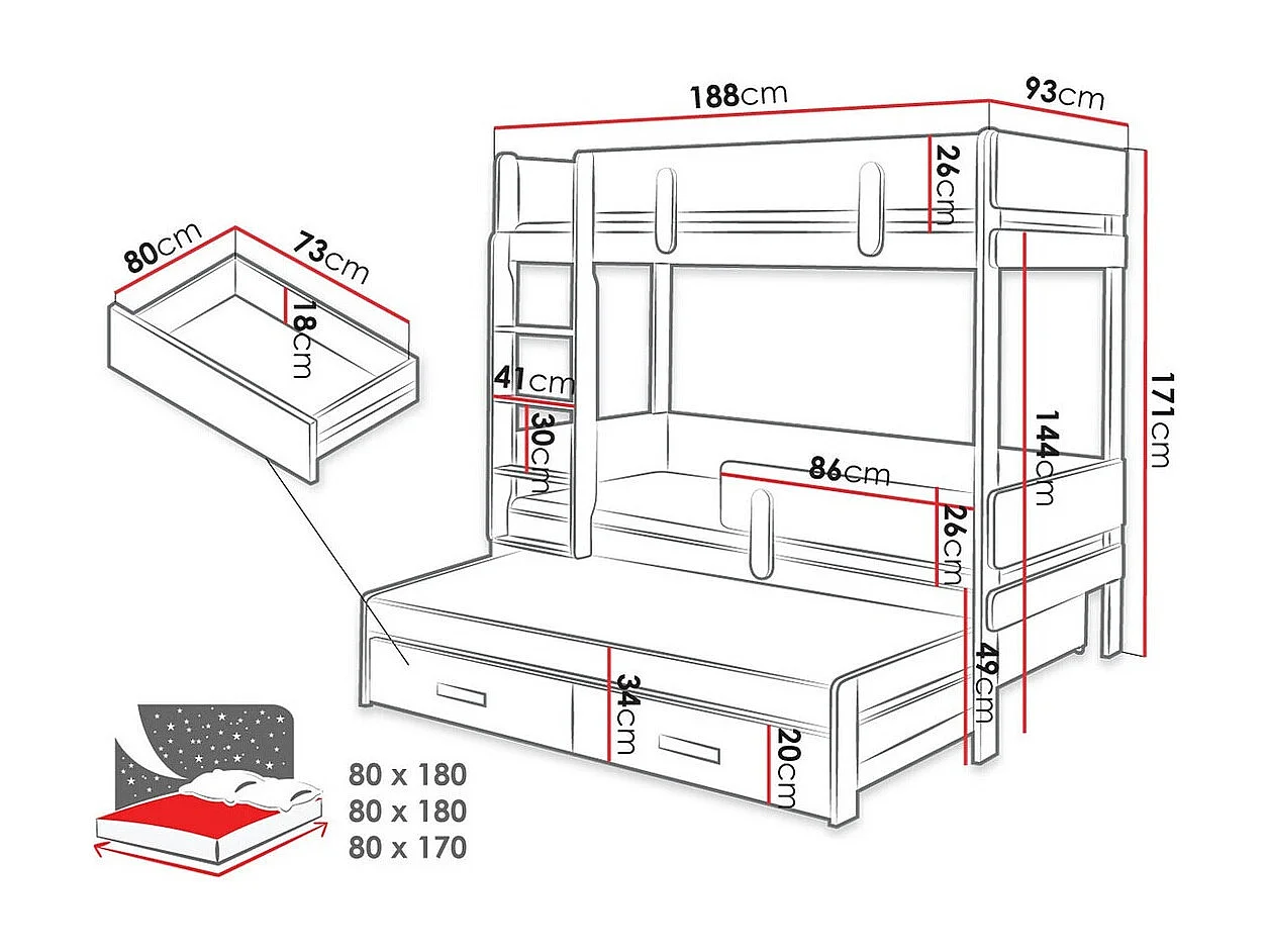 Beliche Henderson 145, Beliche com cama extra, Castanho, 9x19x17cm