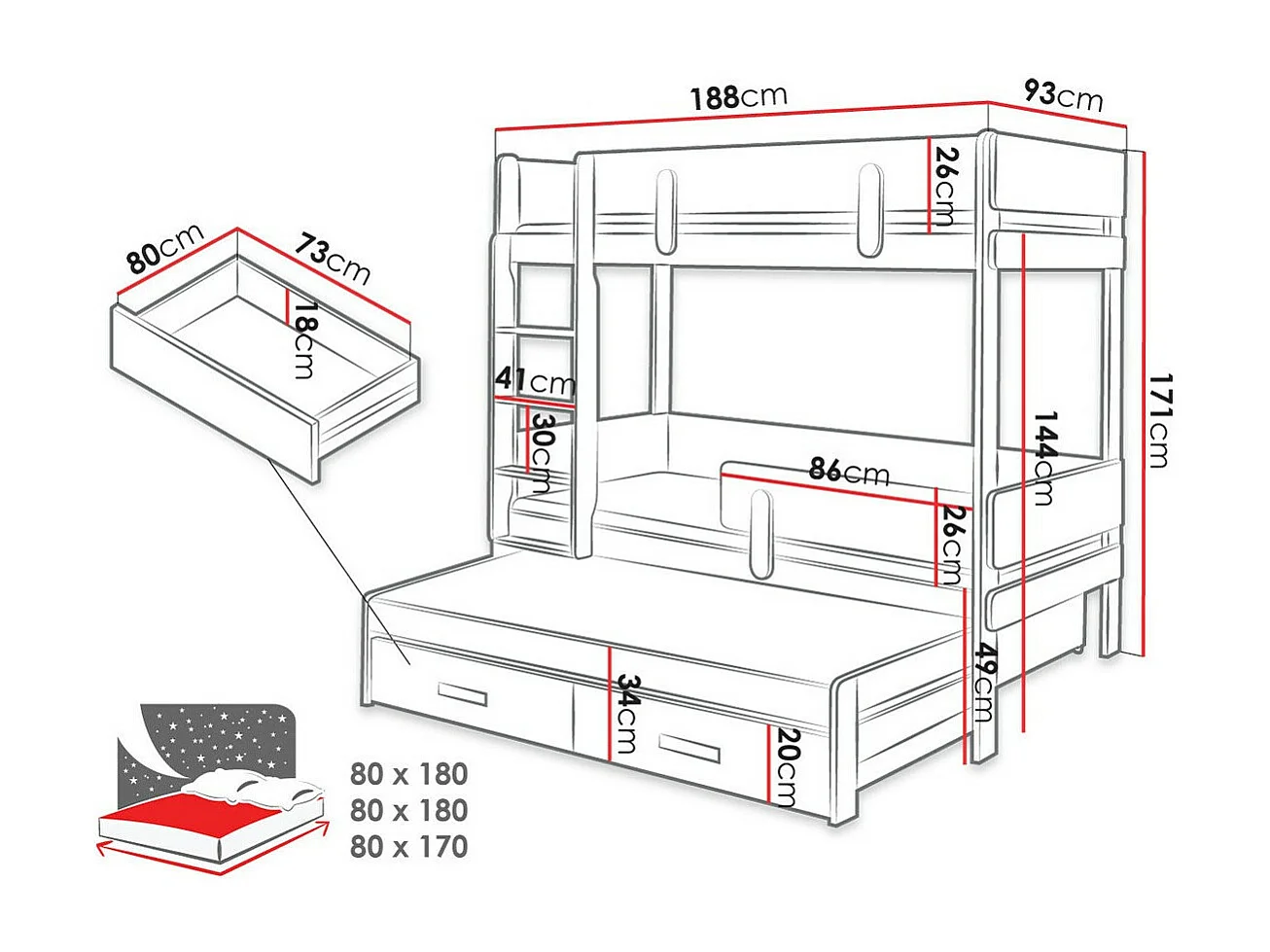 Beliche Henderson 145, Beliche com cama extra, Castanho, 9x19x17cm