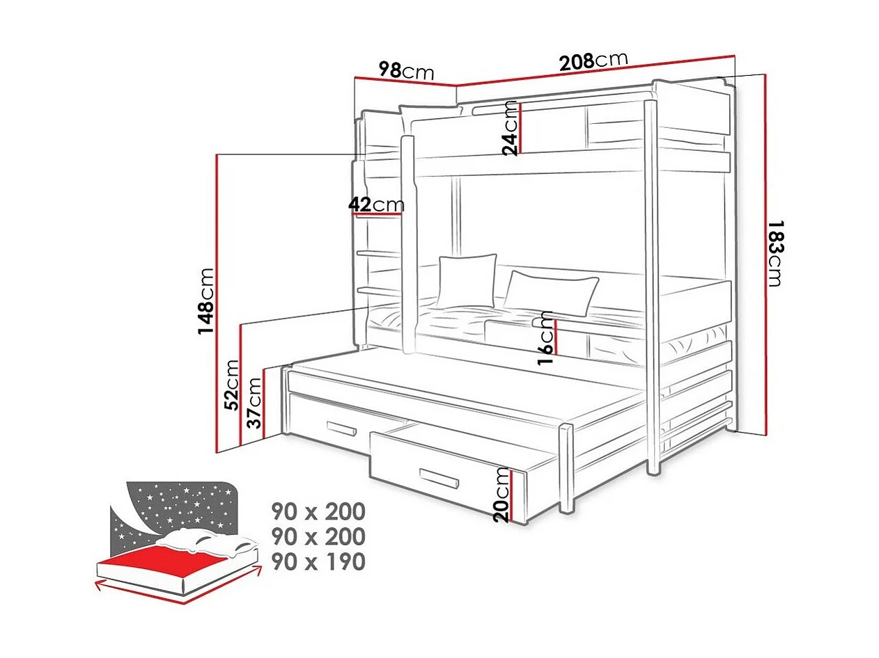Beliche Henderson 114, Beliche com cama extra, Castanho claro, Madeira