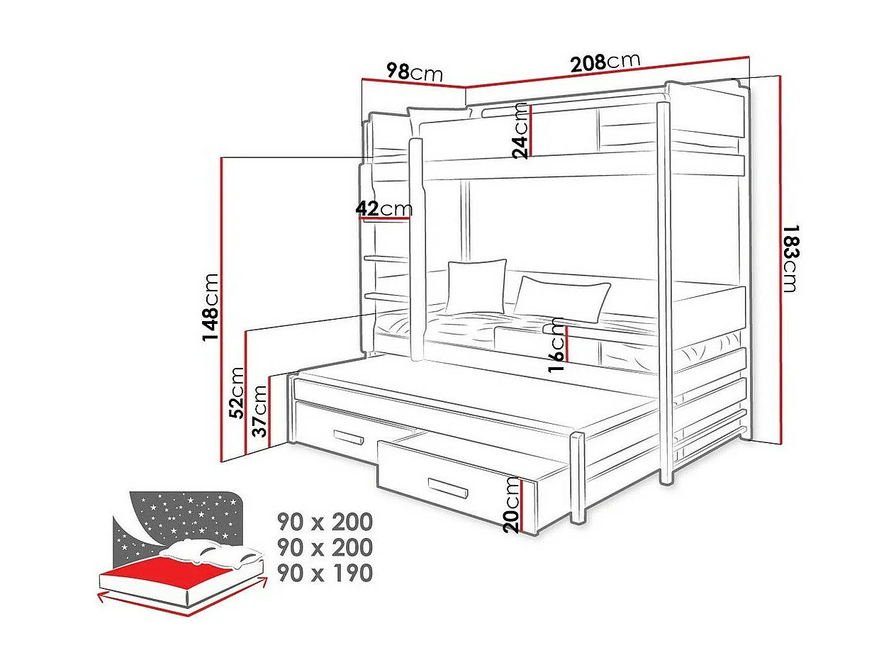 Beliche Henderson 114, Beliche com cama extra, Cinzento, Madeira