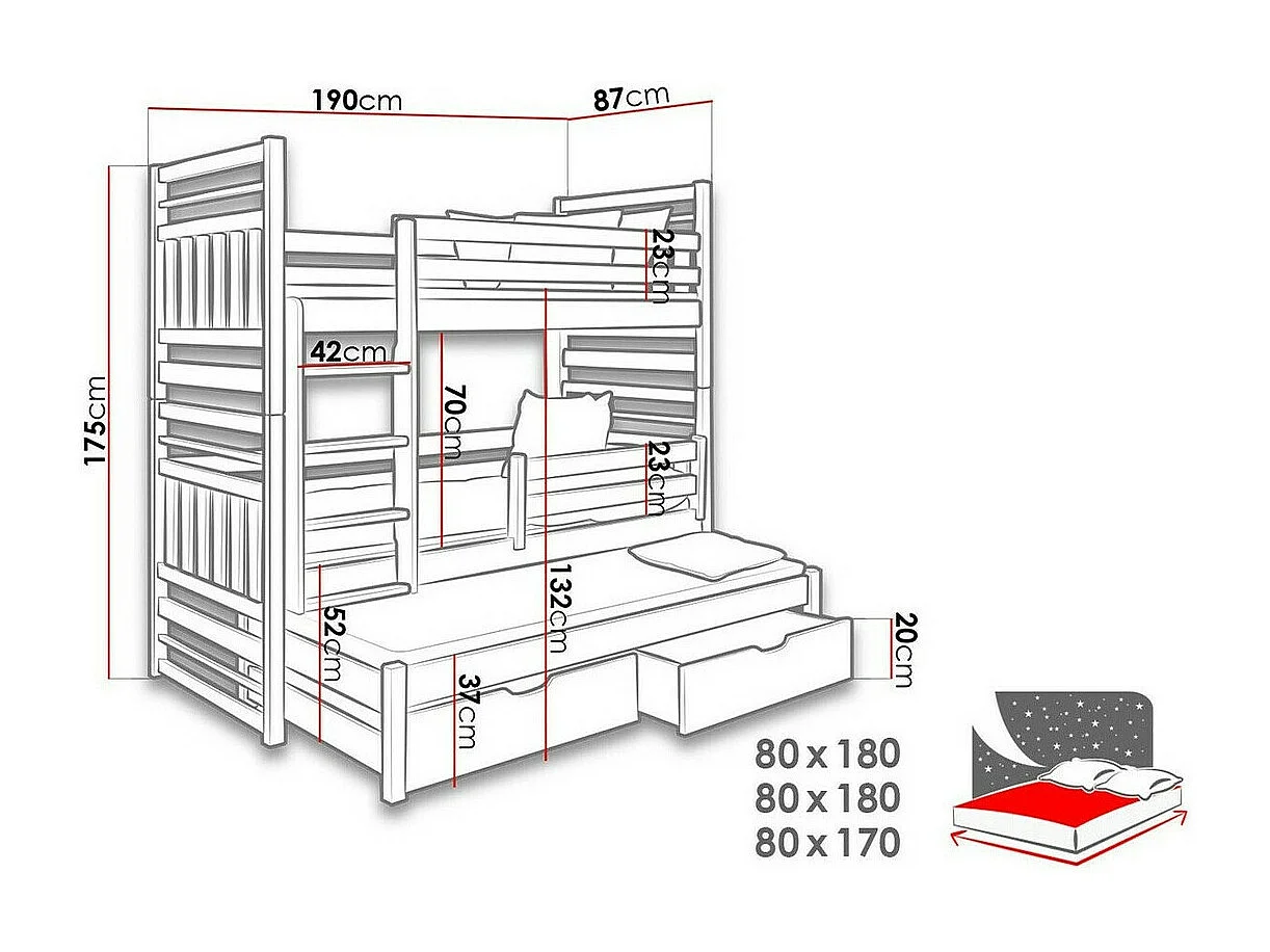 Letto a castello Henderson 123, Castello con letto aggiunto, Marrone, 80x170|80x180, Con