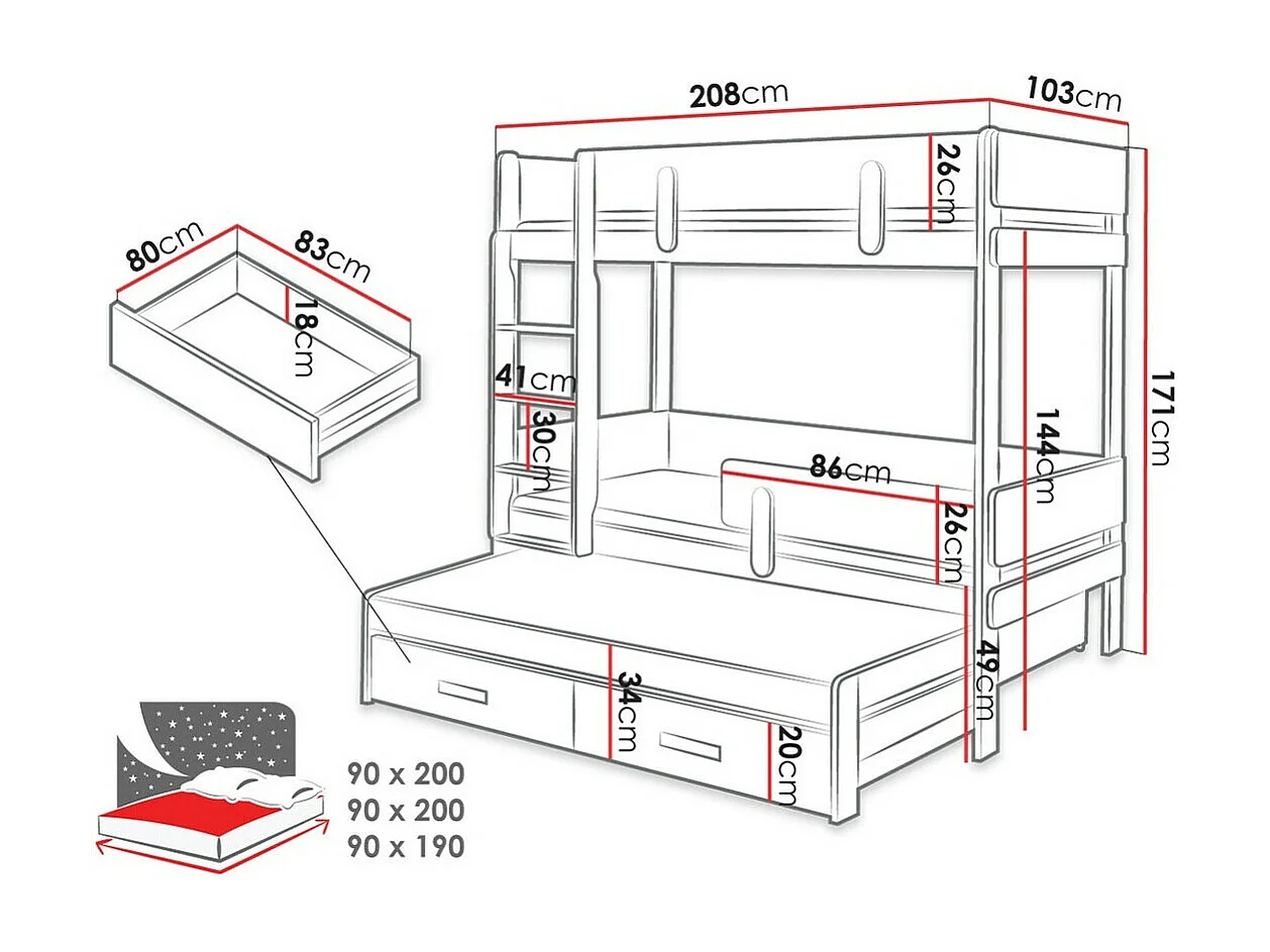 Beliche Henderson 146, Beliche com cama extra, Branco, 10x21x17cm
