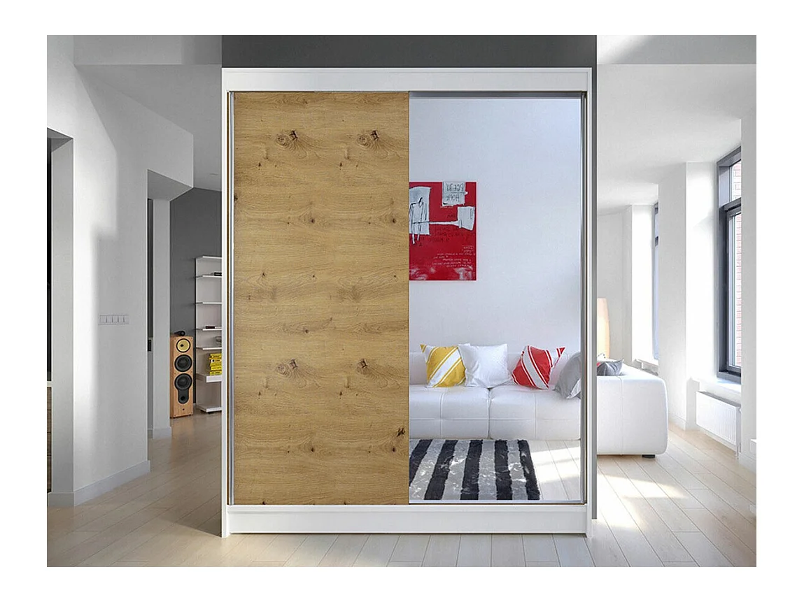 Armario Closico 140, Blanco|Roble Artisan, 200x150x58cm, Puertas de armario: Correderas