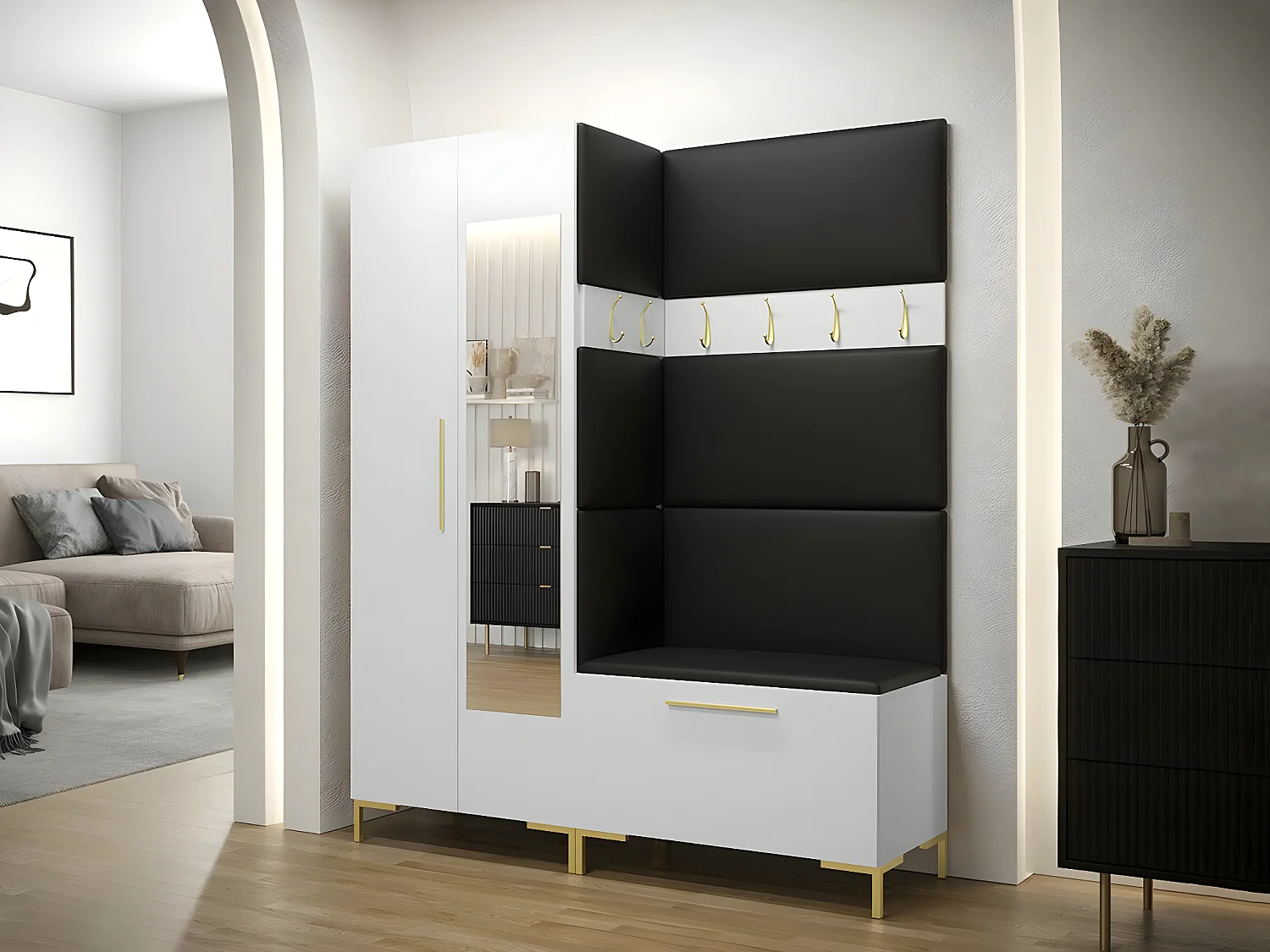Armario Tivsoa 110, Dorado|Blanco, 196x74x44cm, Puertas de armario: Con bisagras