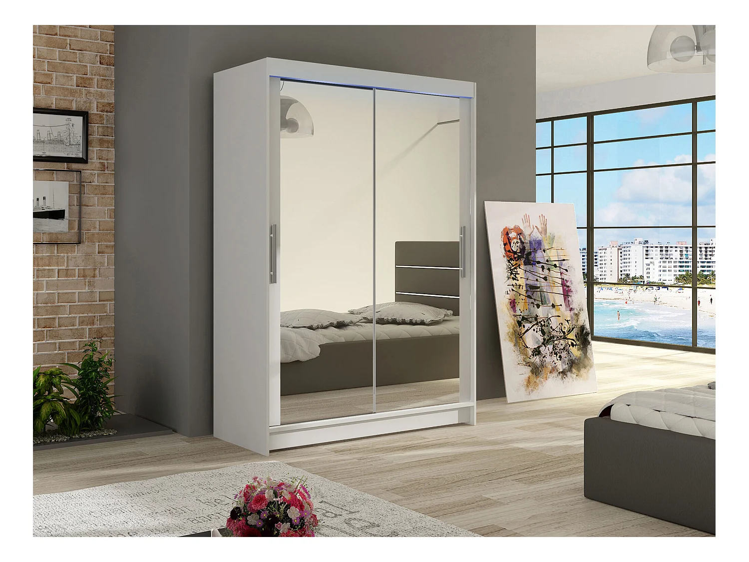 Armoire Closico 129, Blanc, 200x120x58cm, Portes d'armoire: Coulissantes