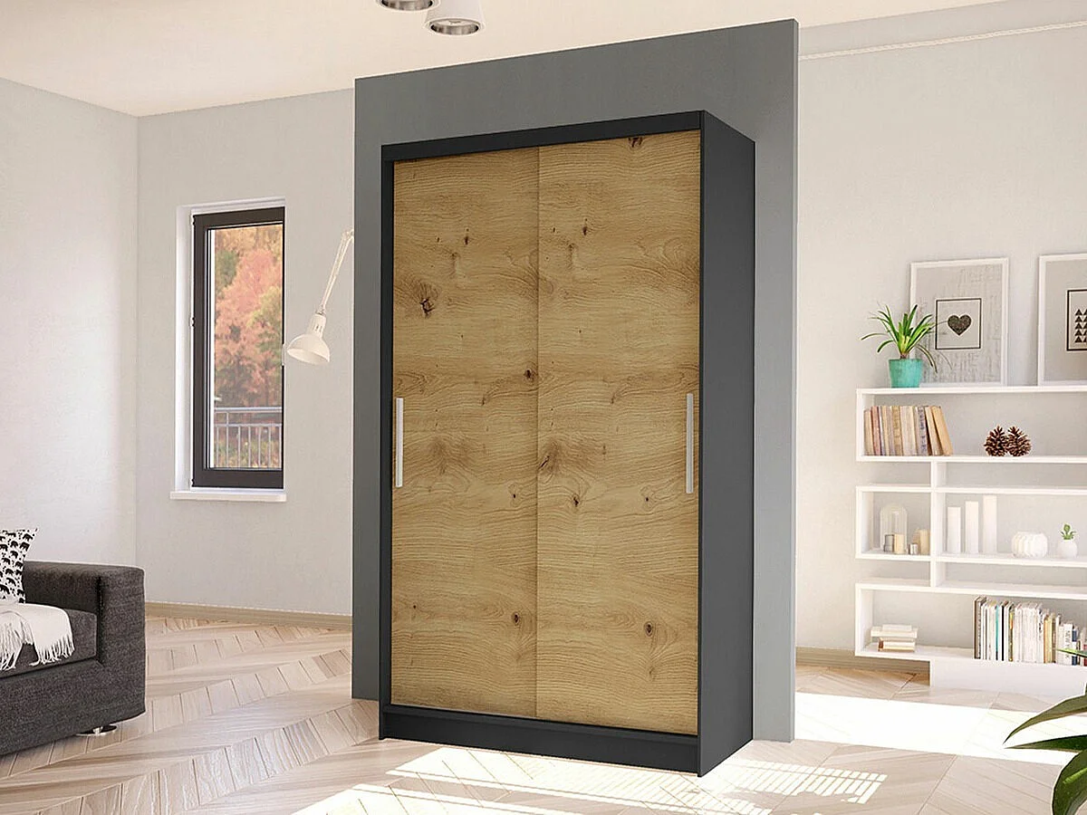 Armoire Closico 162, Chêne Artisan|Noir, 200x100x58cm, Portes d'armoire: Coulissantes