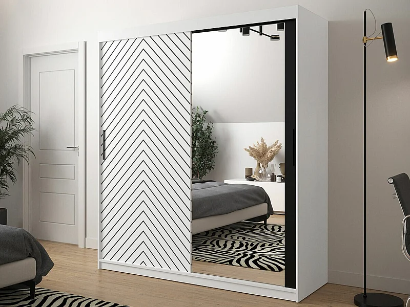 Armoire Hartford 313, Noir|Blanc, 200x180x62cm, Portes d'armoire: Coulissantes
