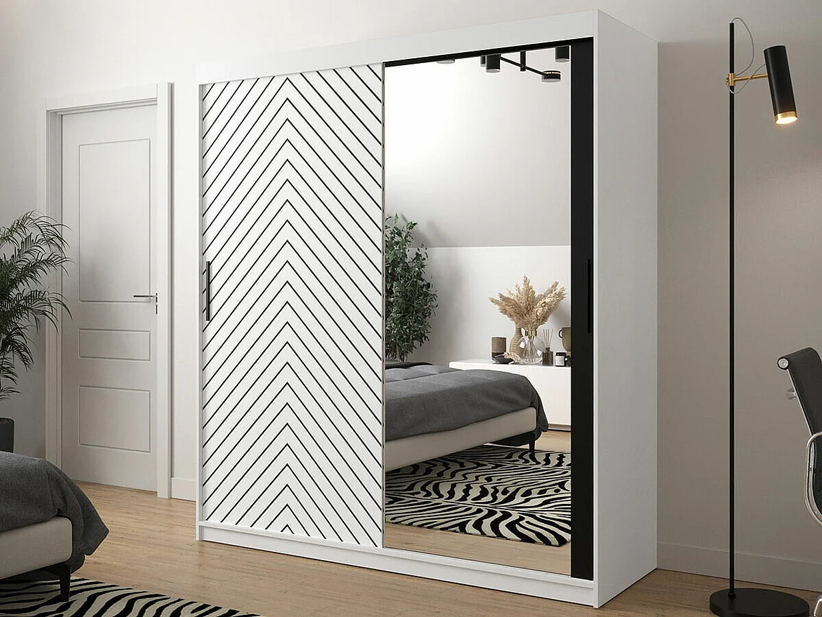 Armoire Hartford 313, Noir|Blanc, 200x180x62cm, Portes d'armoire: Coulissantes