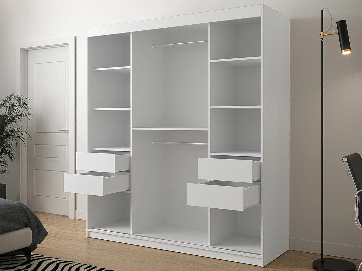 Armoire Hartford 313, Noir|Blanc, 200x180x62cm, Portes d'armoire: Coulissantes