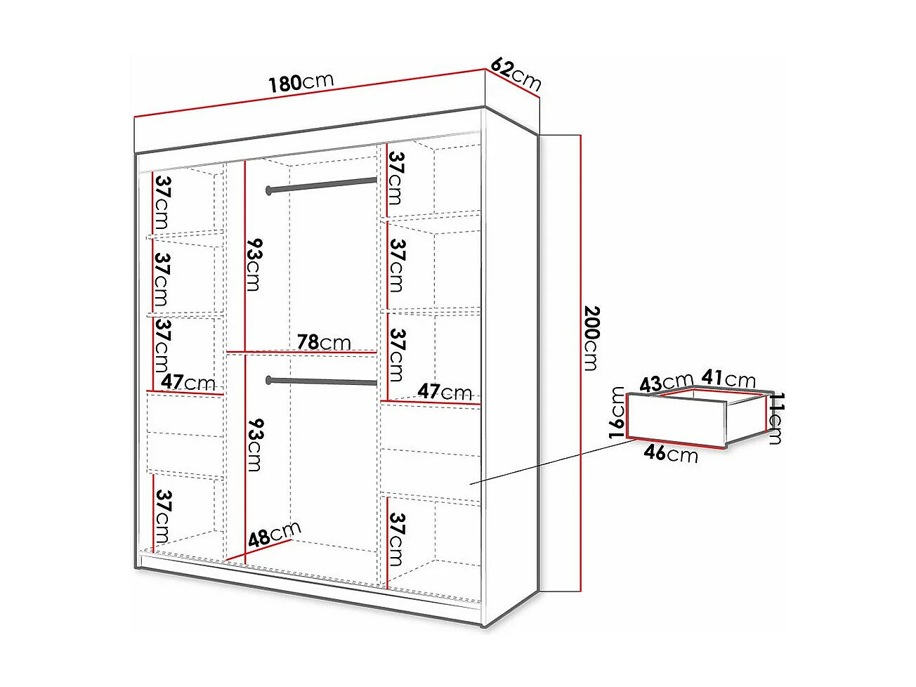 Armoire Hartford 313, Noir|Blanc, 200x180x62cm, Portes d'armoire: Coulissantes