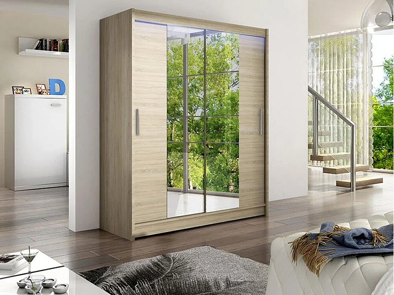 Armario Closico 132, Roble Sonoma, 200x150x58cm, Puertas de armario: Correderas