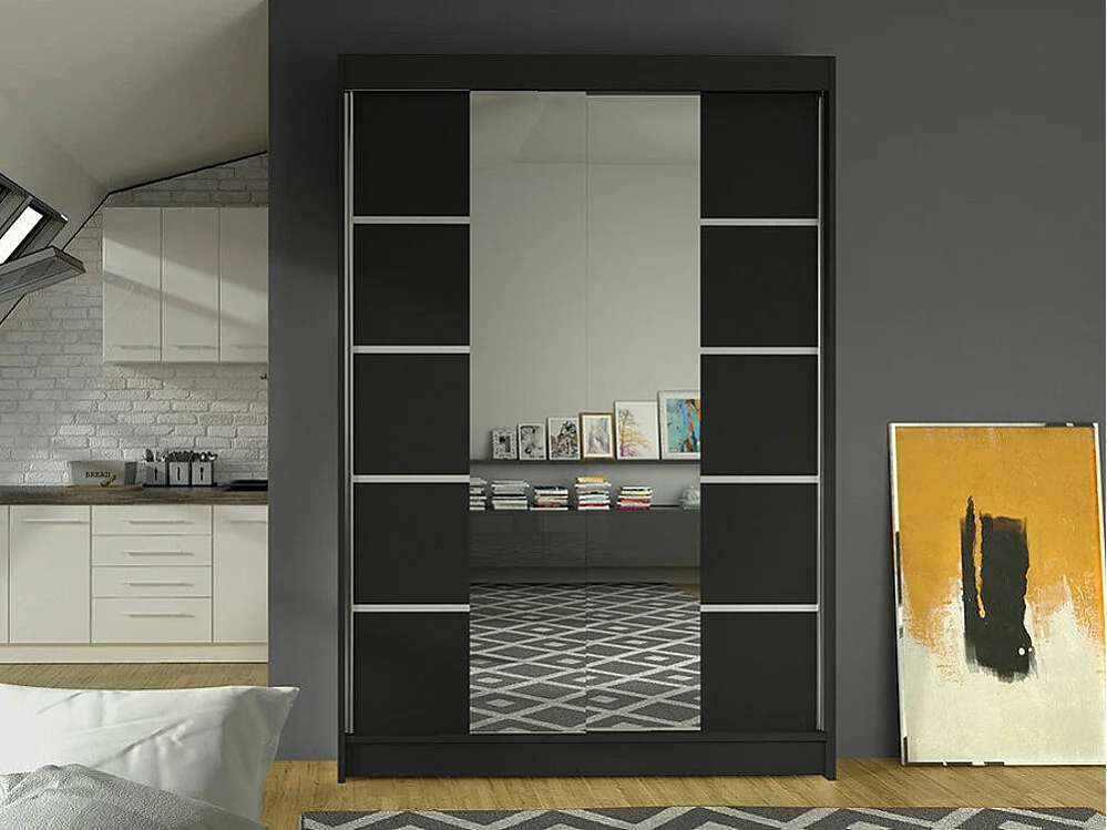 Armoire Closico 151, Noir, 200x120x58cm, Portes d'armoire: Coulissantes