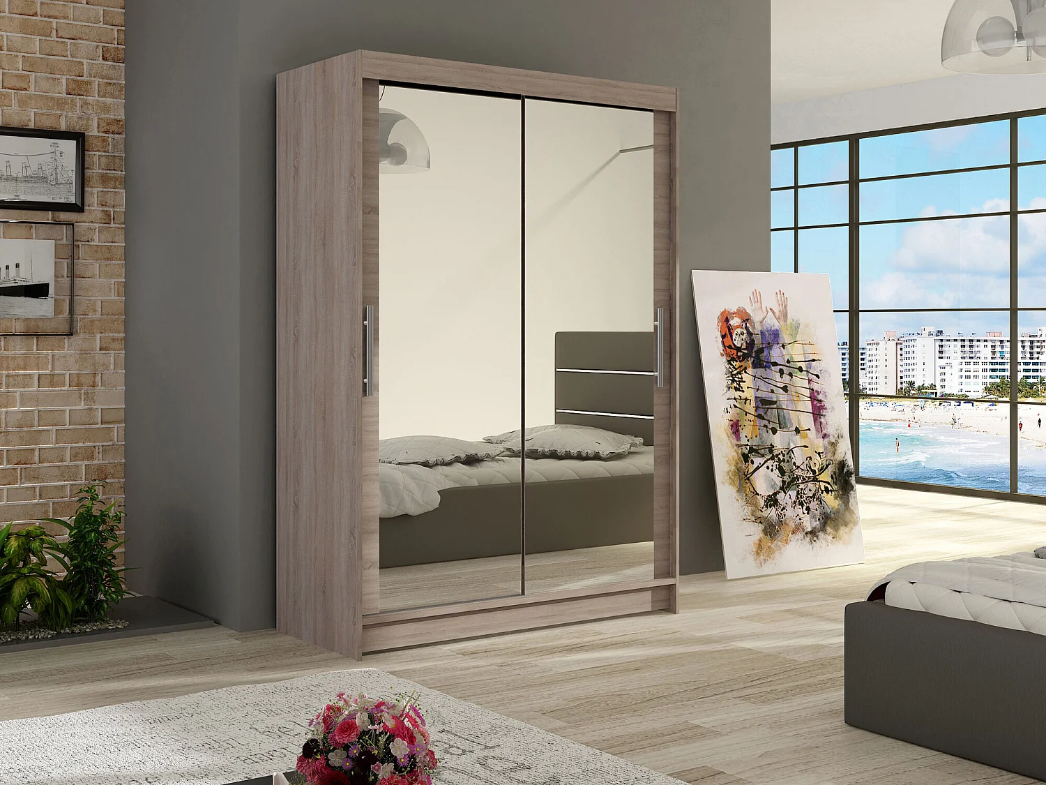 Armario Closico 129, Trufa roble, 200x120x58cm, Puertas de armario: Correderas