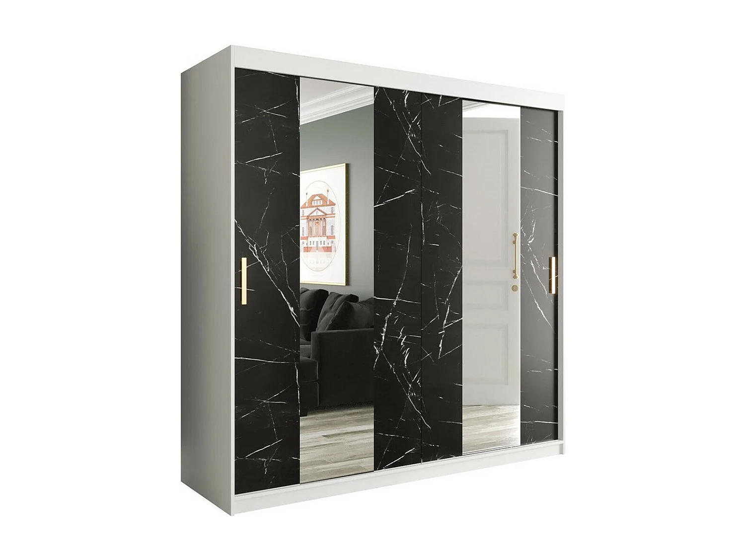 Armario Hartford 244, Mármol negro|Mate blanco, 200x200x62cm, Número de estantes: 9