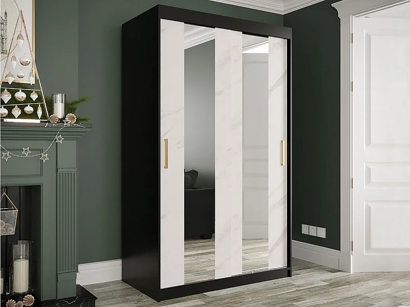 Armoire Hartford 241, Noir mat|Marbre blanc, 200x120x62cm, Portes d'armoire: Coulissantes
