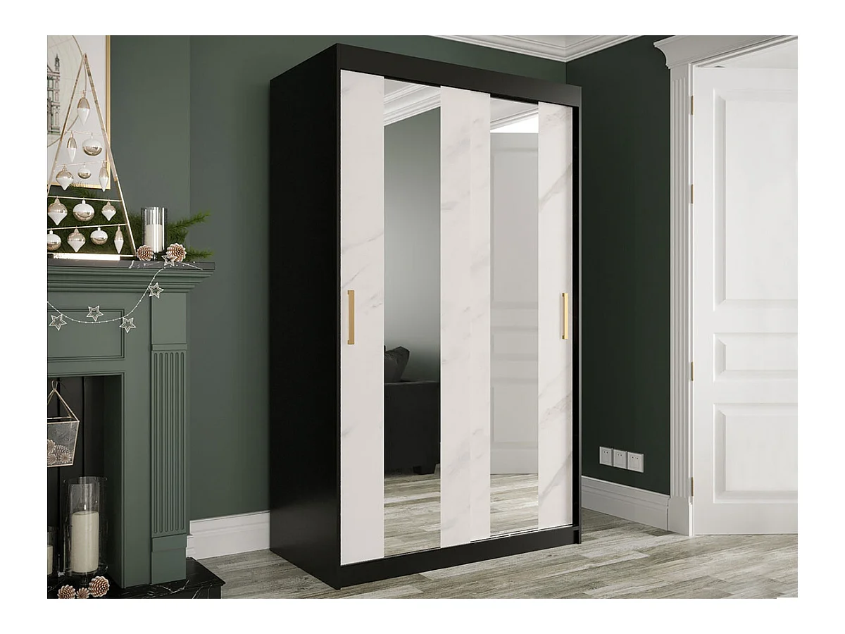 Armoire Hartford 241, Noir mat|Marbre blanc, 200x120x62cm, Portes d'armoire: Coulissantes