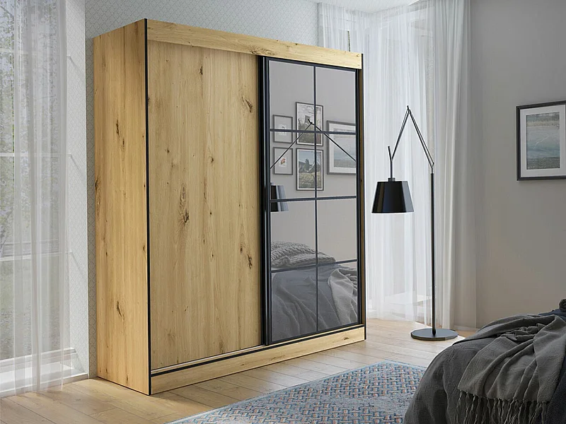 Armario Toledo 118, Roble Artisan|Negro, 216x180x65cm, Puertas de armario: Correderas