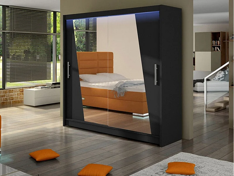 Armoire Closico 144, Noir, 215x180x58cm, Portes d'armoire: Coulissantes