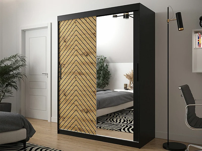 Armoire Hartford 311, Chêne Artisan|Noir, 200x150x62cm, Portes d'armoire: Coulissantes