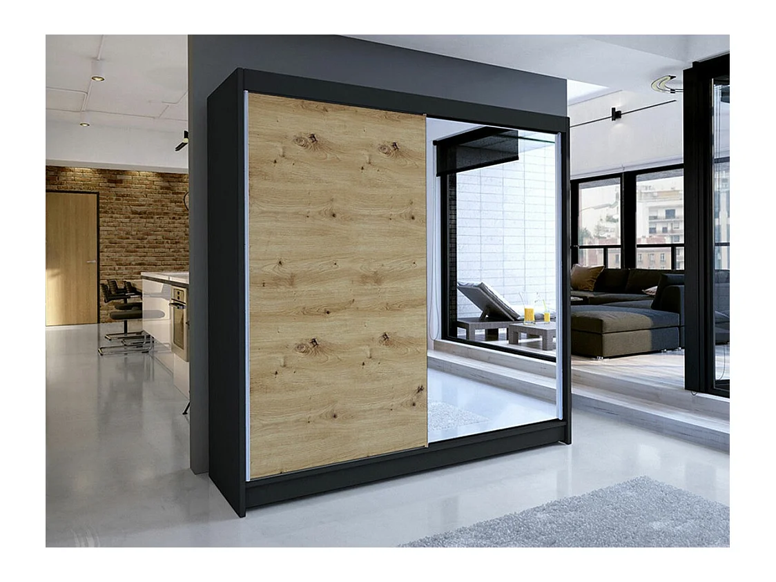 Armoire Closico 137, Chêne Artisan|Noir, 215x180x58cm, Portes d'armoire: Coulissantes