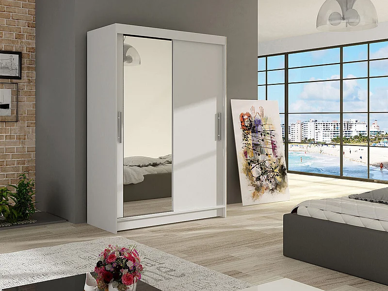 Armoire Closico 128, Blanc, 200x120x58cm, Portes d'armoire: Coulissantes
