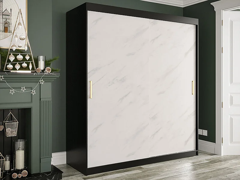 Armoire Hartford 249, Noir mat|Marbre blanc, 200x180x62cm, Portes d'armoire: Coulissantes
