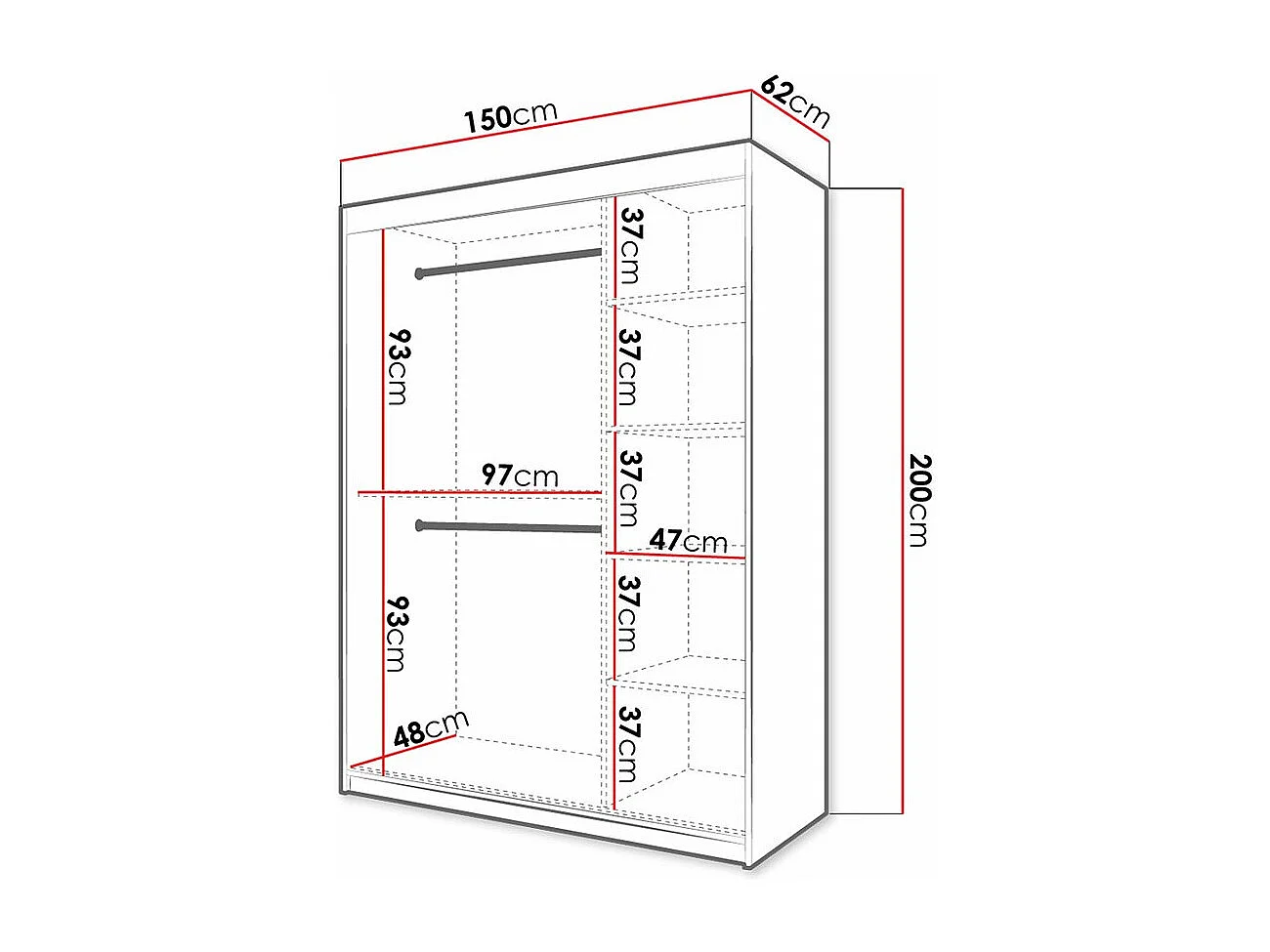 Armario Hartford 311, Negro|Roble Artisan, 200x150x62cm, Puertas de armario: Correderas