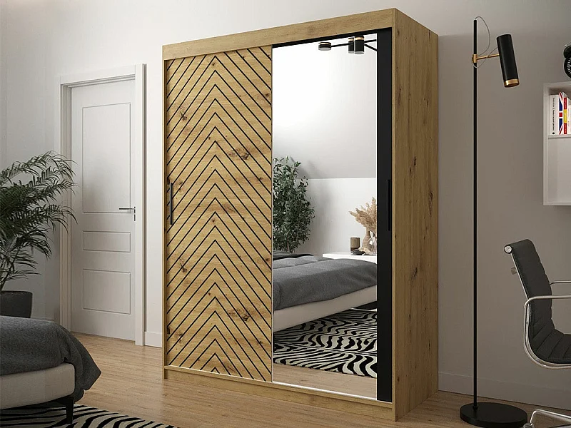 Armoire Hartford 311, Noir|Chêne Artisan, 200x150x62cm, Portes d'armoire: Coulissantes