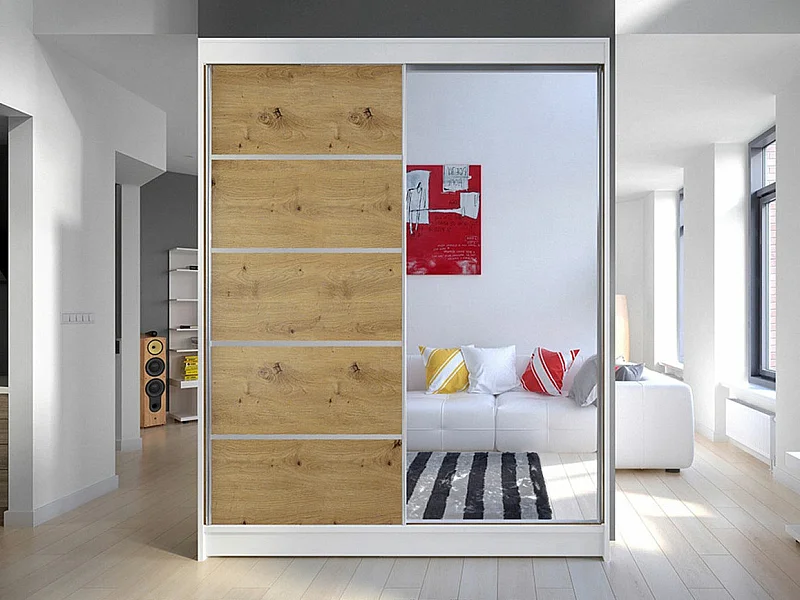 Armoire Closico 143, Blanc|Chêne Artisan, 200x150x58cm, Portes d'armoire: Coulissantes