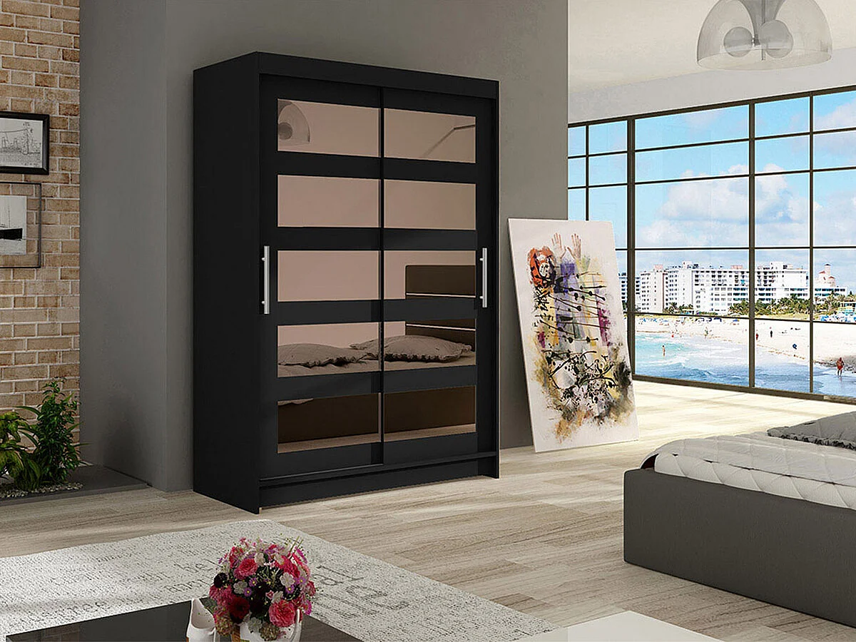 Armoire Closico 111, Noir, 200x120x58cm, Portes d'armoire: Coulissantes