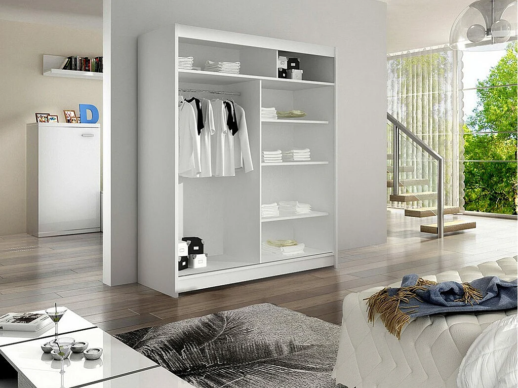 Armoire Closico 134, Blanc, 200x150x58cm, Portes d'armoire: Coulissantes