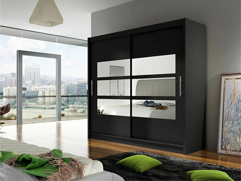 Armoire Closico 101, Noir, 215x180x58cm, Portes d'armoire: Coulissantes