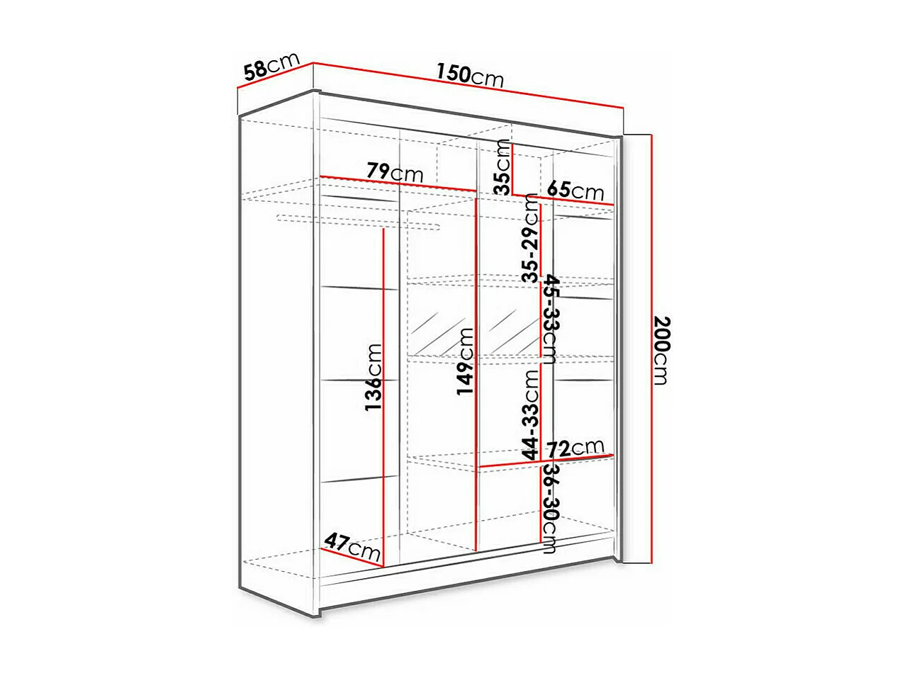 Armoire Closico 146, Noir, 200x150x58cm, Portes d'armoire: Coulissantes