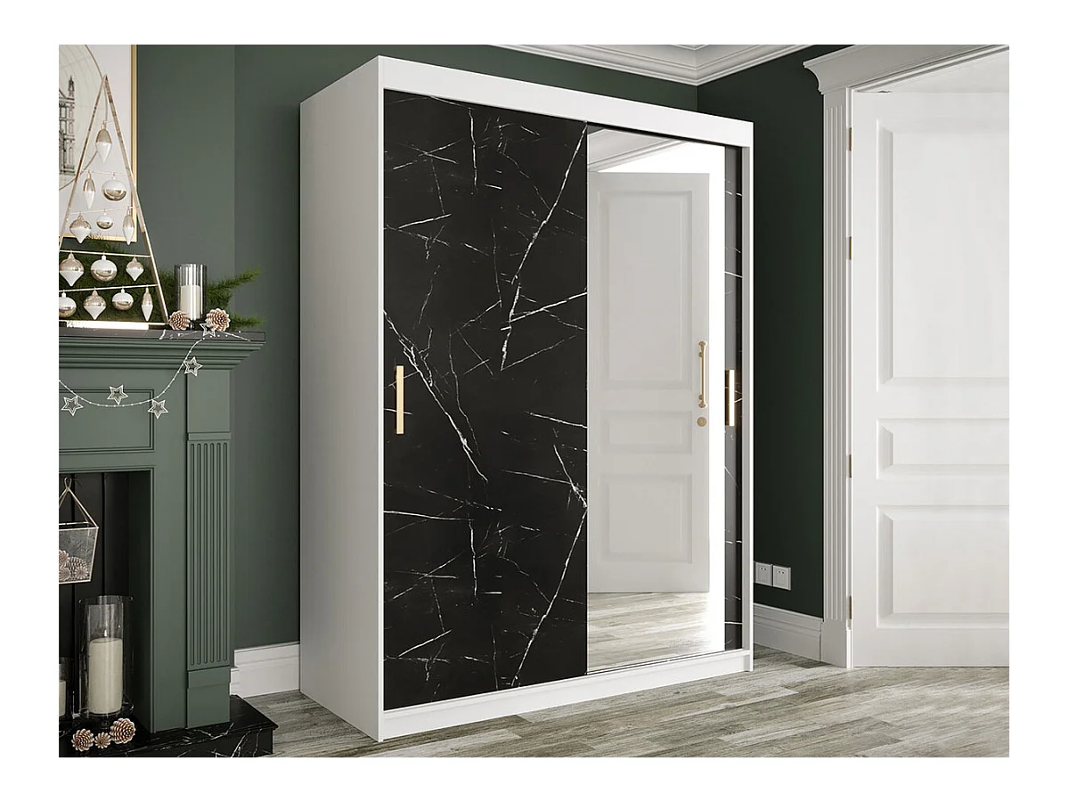 Armoire Hartford 260, Marbre noir|Mat blanc, 200x150x62cm, Portes d'armoire: Coulissantes