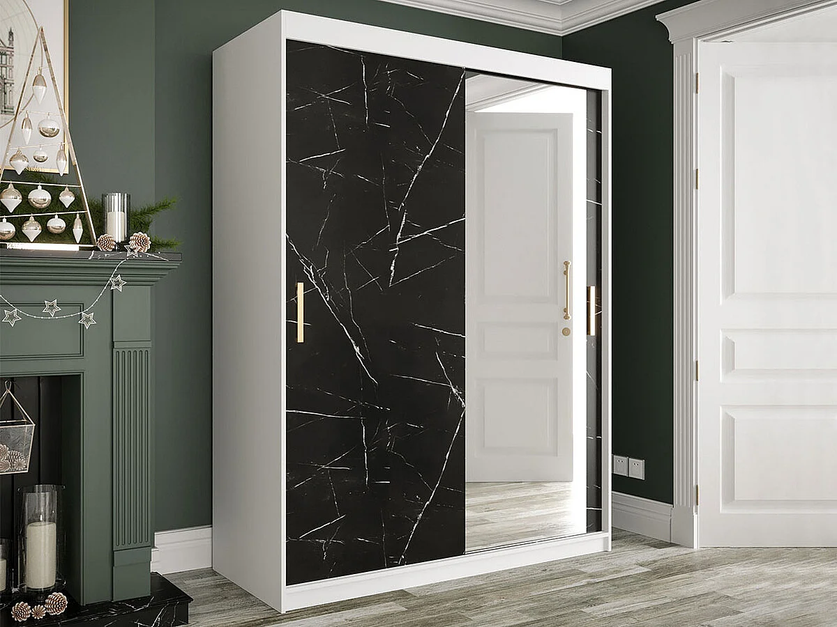 Armadio Hartford 260, Marmo nero|Opaca bianco, 200x150x62cm, Porte armadi: Scorrevoli