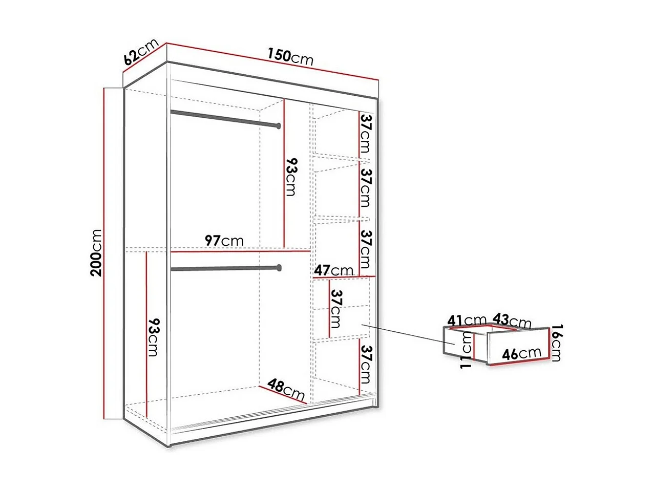 Armadio Hartford 260, Marmo nero|Opaca bianco, 200x150x62cm, Porte armadi: Scorrevoli