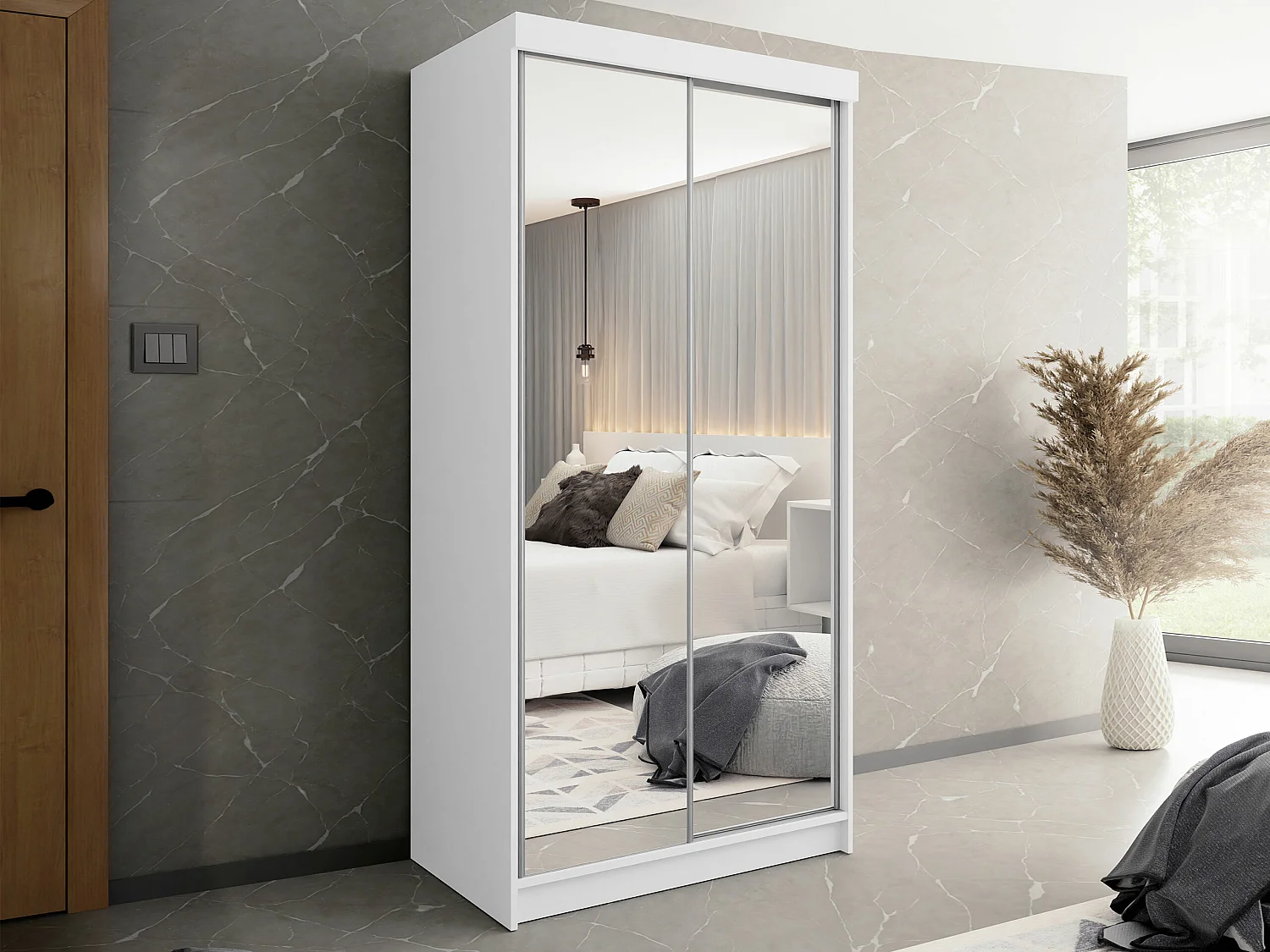 Armoire Dover 102, Blanc, 200x100x62cm, Portes d'armoire: Coulissantes