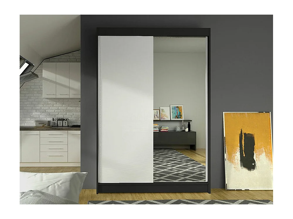 Armoire Closico 147, Noir|Blanc, 200x120x58cm, Portes d'armoire: Coulissantes