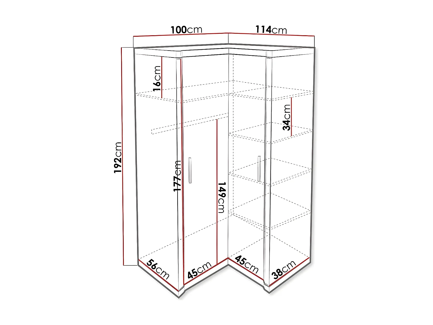 Roupeiro para cantos Stanton D119, 192x114x100cm