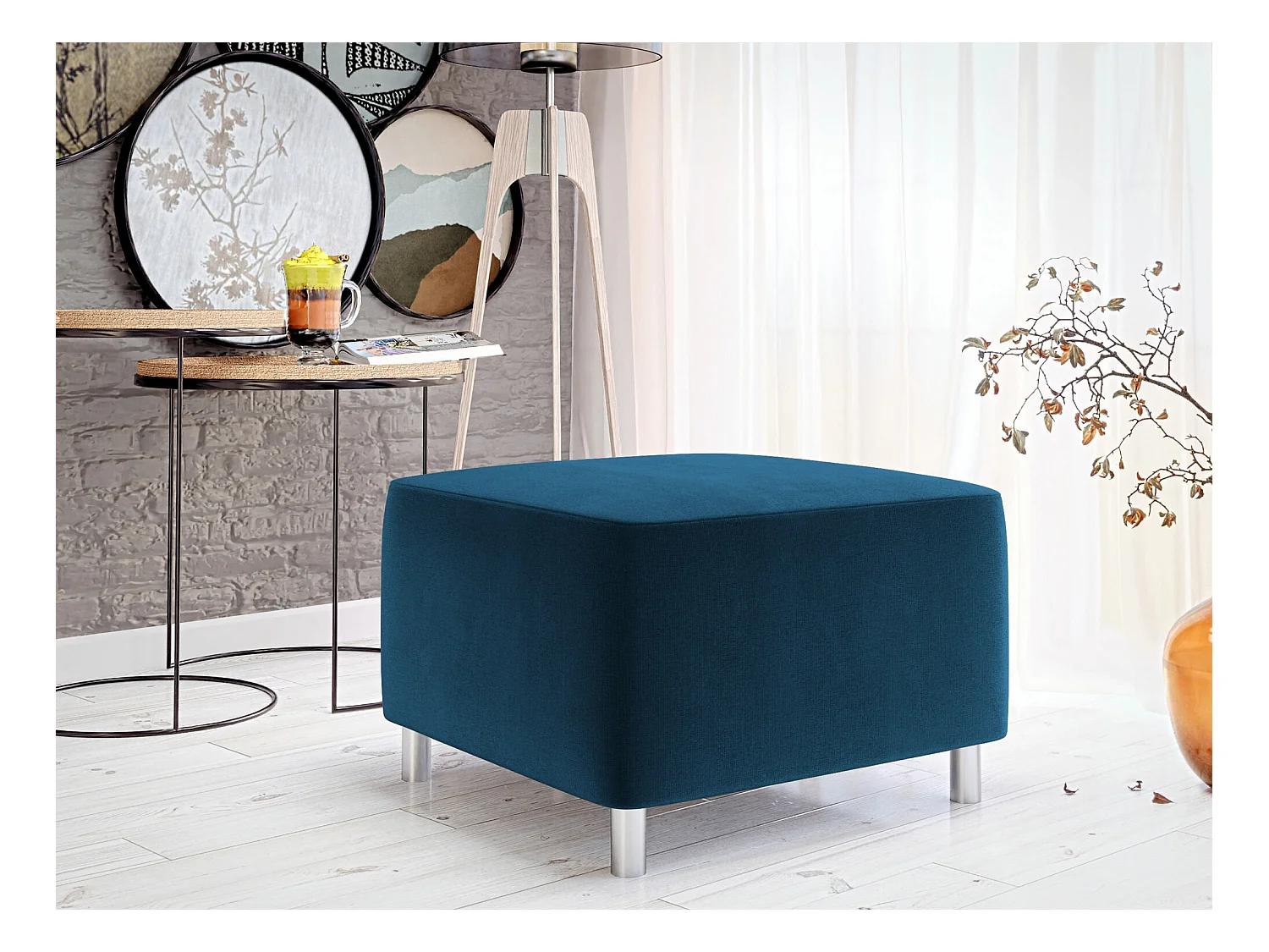 Pouf Comfivo 126, Bleu, 42x56x65cm, Tapisserie, Pieds: Plastique