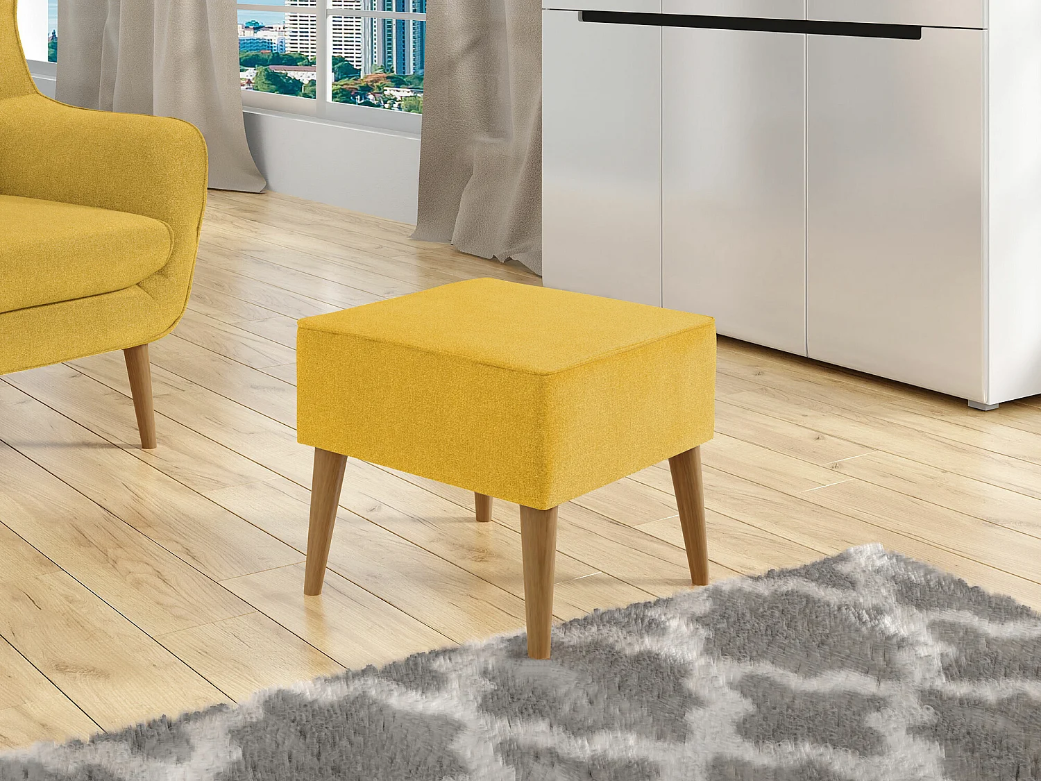 Puf Comfivo 205, Amarillo, 41x45x45cm, Tapiz, Patas: Madera