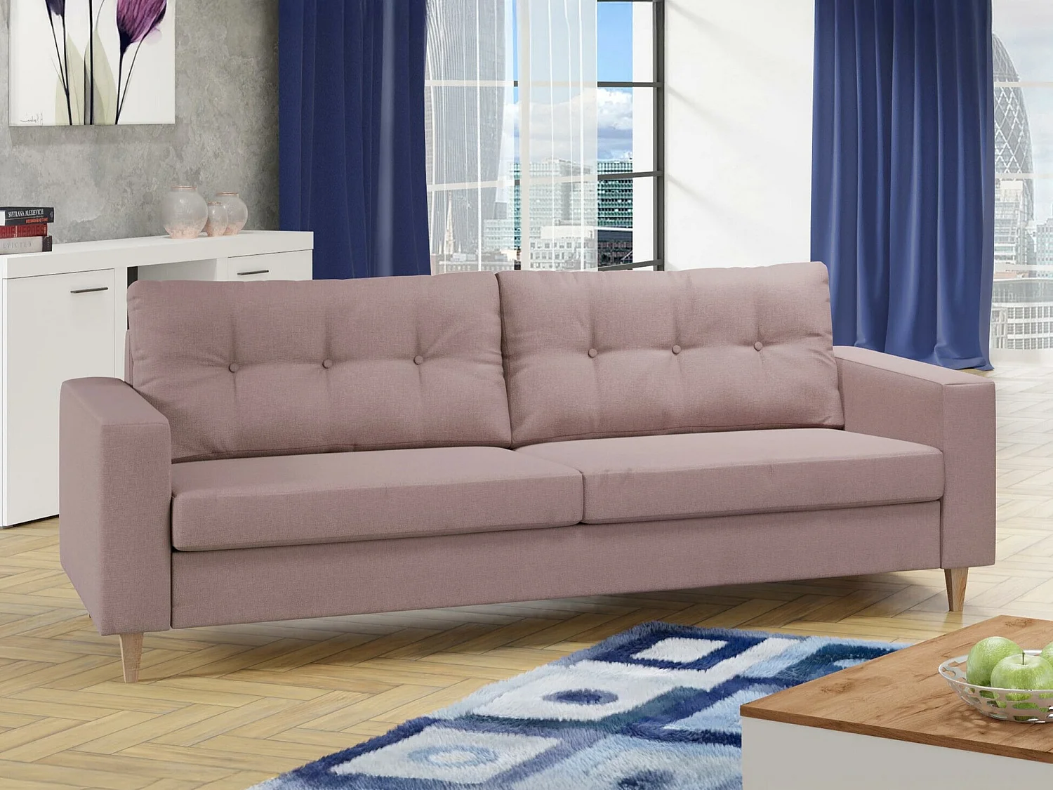 Canapé Temple 111, Rose, 214x91x83cm, Tissu, Pieds: Bois