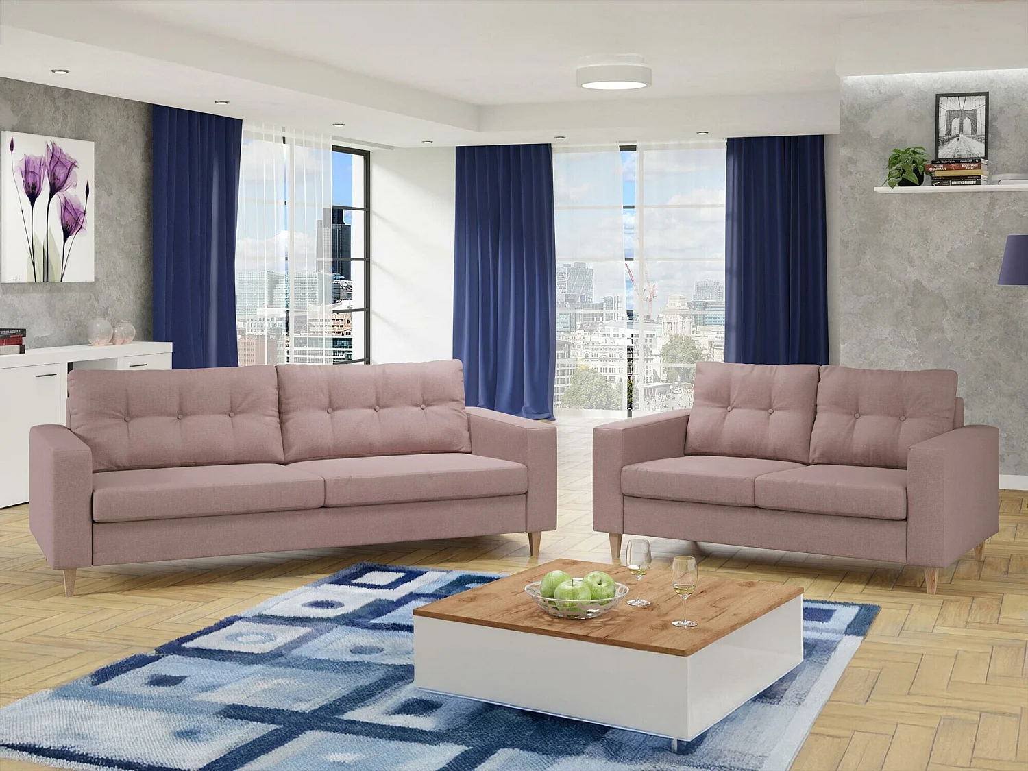 Canapé Temple 111, Rose, 214x91x83cm, Tissu, Pieds: Bois