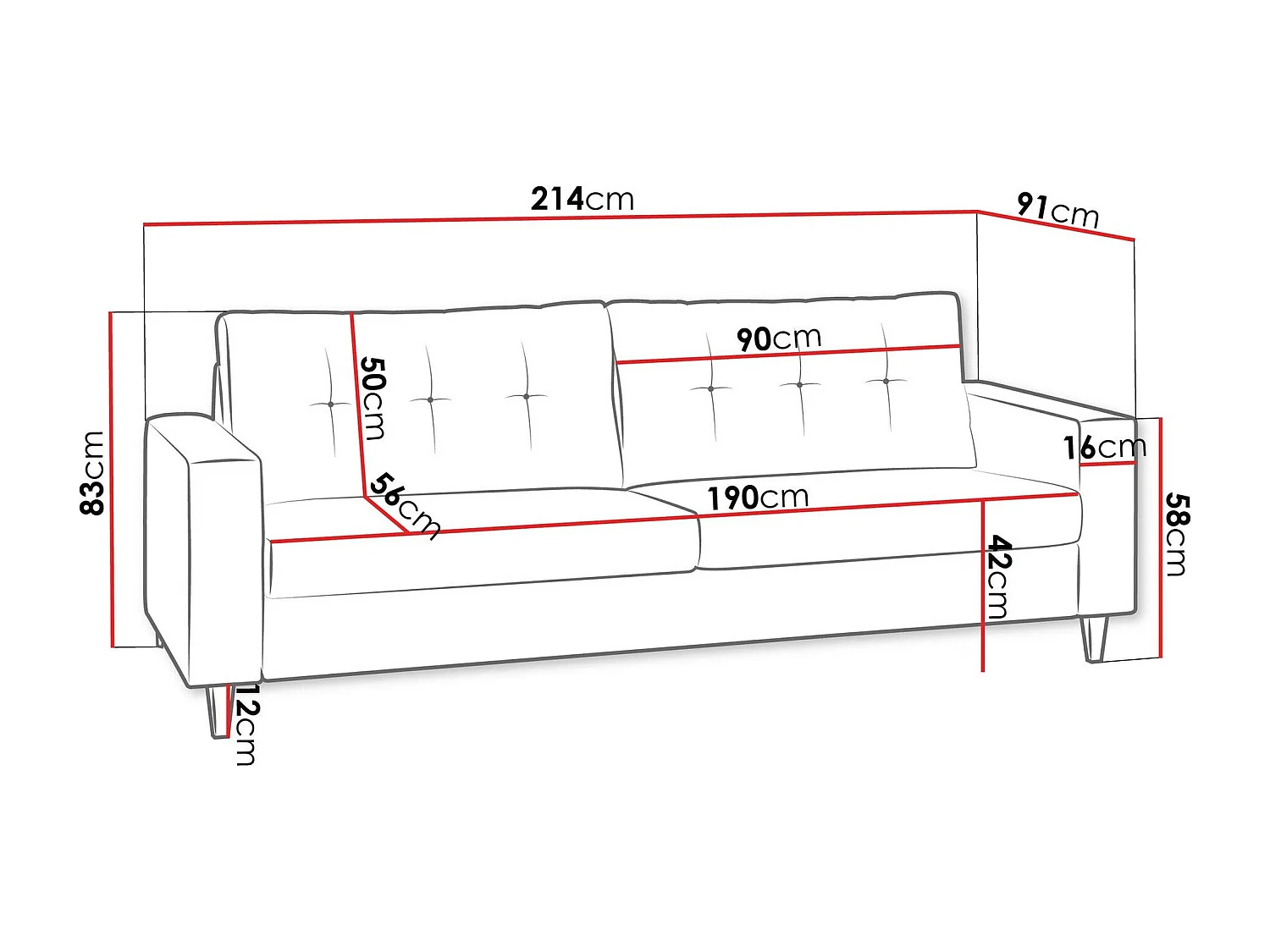 Canapé Temple 111, Rose, 214x91x83cm, Tissu, Pieds: Bois