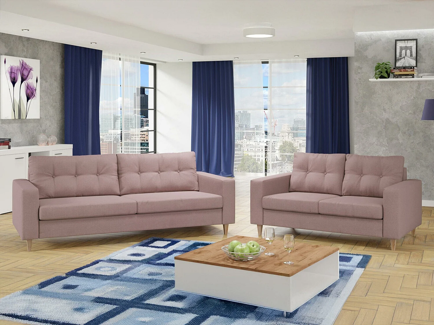 Canapé 3 places en tissu rose TEMPLE 214x91x83 cm