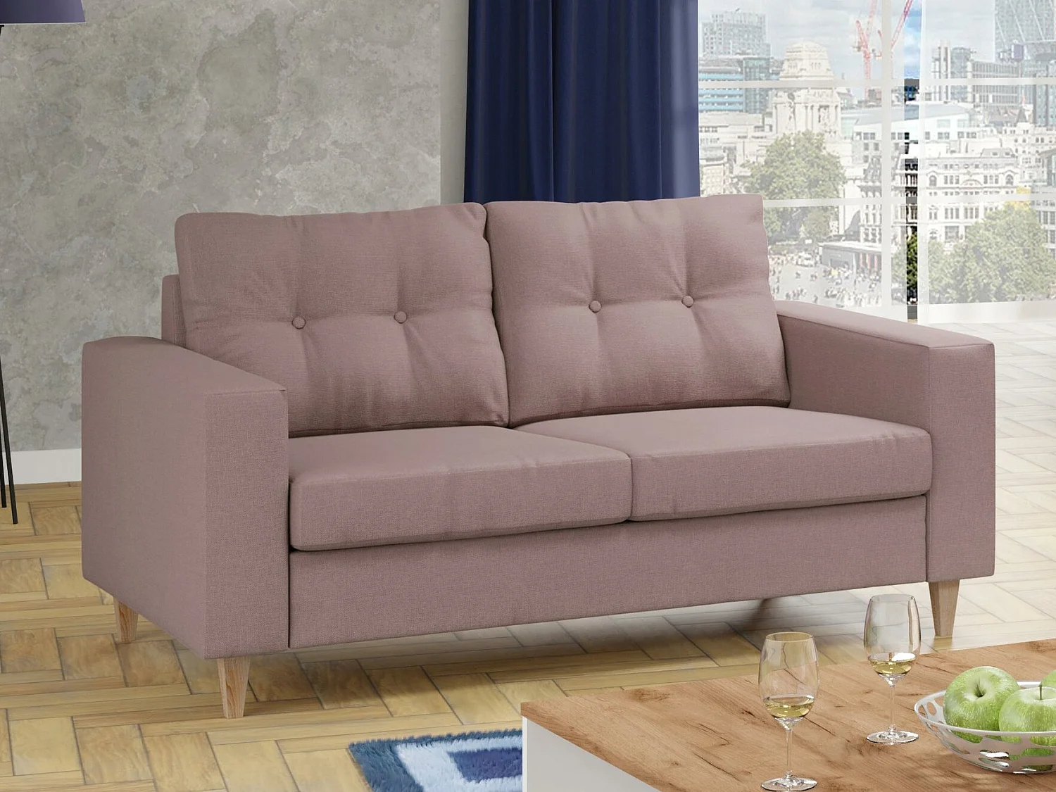 Canapé Temple 110, Rose, 154x91x83cm, Tissu, Pieds: Bois