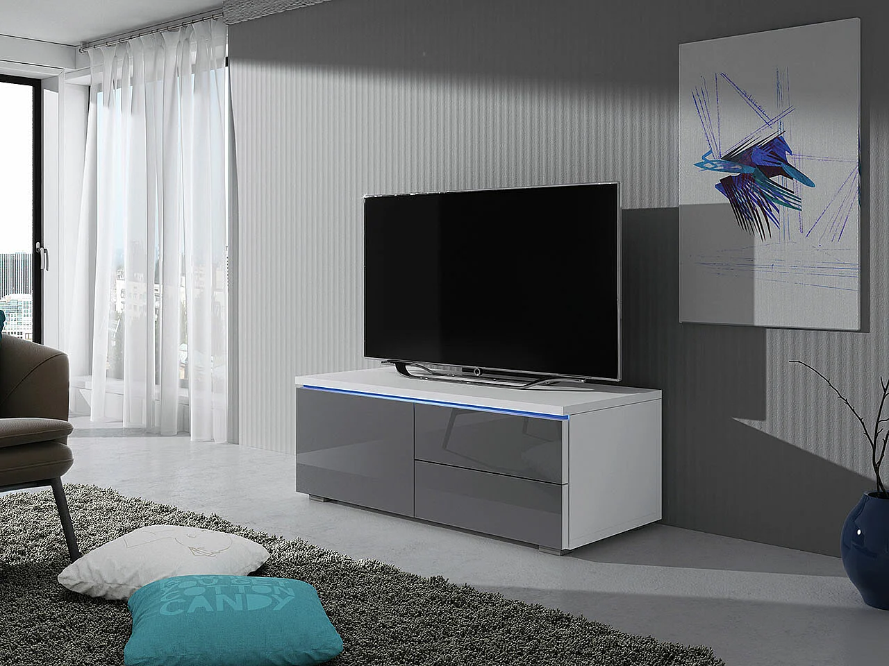 Meuble TV Nashville 130, Gris brillant|Blanc, Le nombre de portes: 1, 100x35x45cm