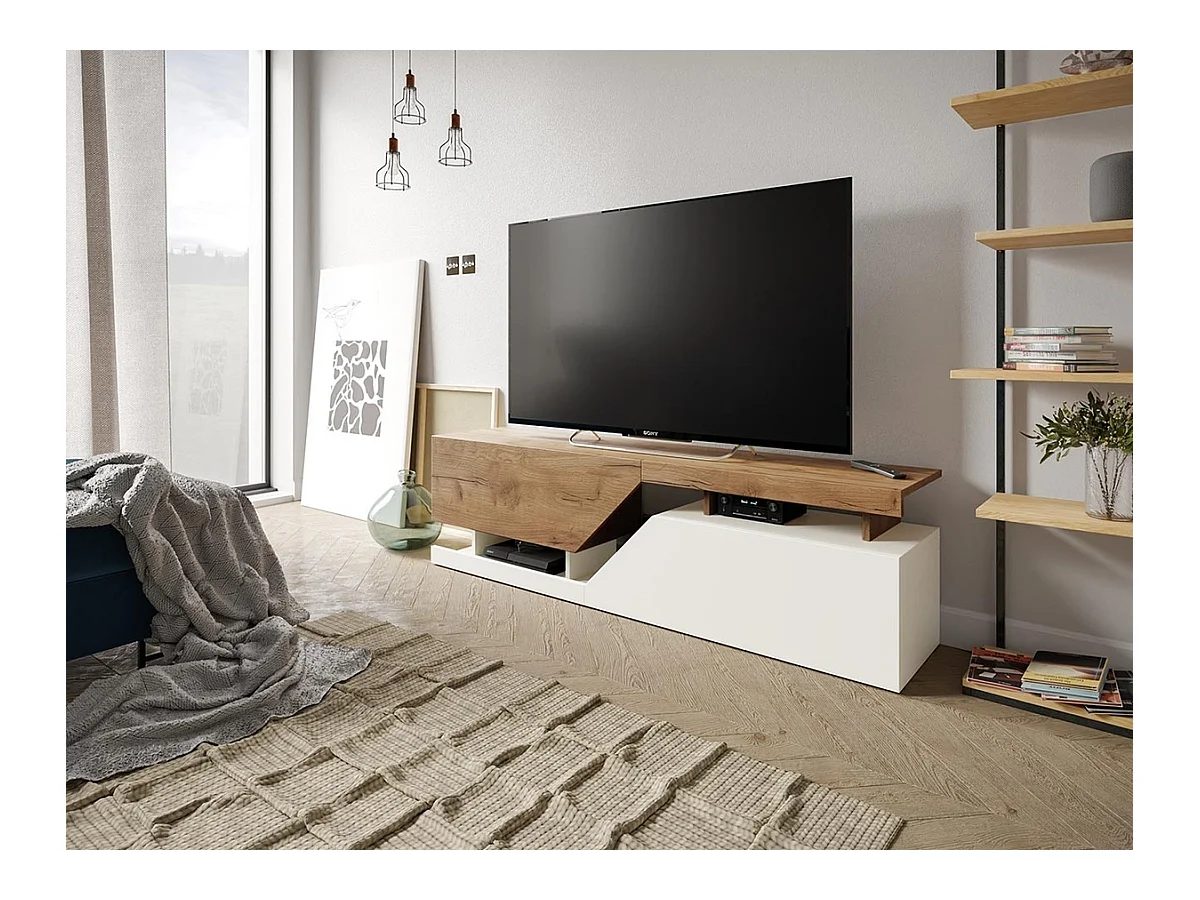 Meuble TV "Ceelias" - 160 x 46 x 35 cm - Blanc/Marron